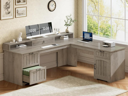 Farmhouse 63" L Shaped Desk with Drawers and Storage Cabinet