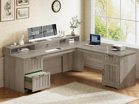 Farmhouse 63" L Shaped Desk with Drawers and Storage Cabinet