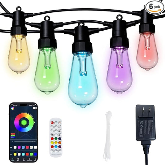 50FT Smart Outdoor String Lights, Color Changing ST48 Multi-color LED Patio Lights with Music Sync, Magic Lantern App & Remote, IP65 Waterproof Shatterproof Outdoor Lights for Cafe Bistro Backyard