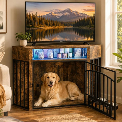 Corner Dog Crate Furniture - Wooden Dog Cage with Charging Station