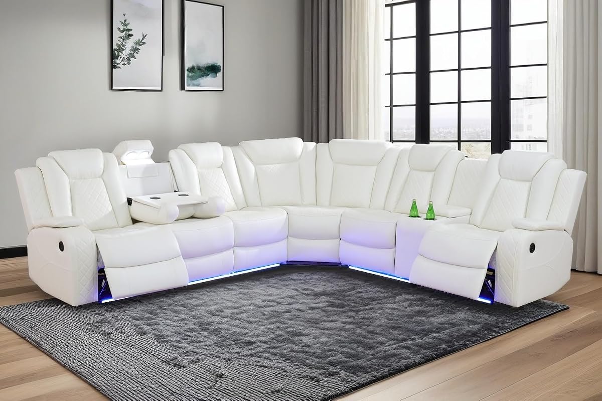 Power Recliner Sofa Set Sectional Couches with LED Light for Living Room, Leather Reclining Corner Sectional Sofa Set with 2 Recliner Seats, Cup Holder, Storage Console, Creamy White