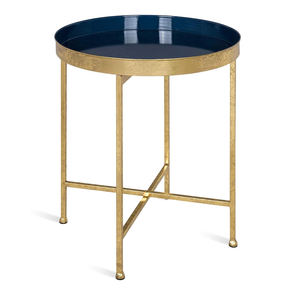 Celia Metal Foldable Round Accent Table, 18.25" x 18.25" x 22", Navy Surface and Gold Frame, Modern Minimalist Design and Detachable Magnetic Tabletop