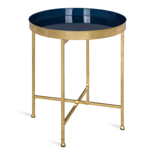 Celia Metal Foldable Round Accent Table, 18.25" x 18.25" x 22", Navy Surface and Gold Frame, Modern Minimalist Design and Detachable Magnetic Tabletop