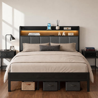 King Upholstered Metal Platform Bed Frame with RGB LED & Charging