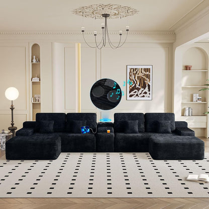 150" Modular Sectional Couch with Bluetooth Speaker, 5-Piece Cloud Sectional Sofa with Console, Storage, USB, 2 Ottoman & Cup Holder, U Shaped Boneless Couches for Living Room Furniture, Black