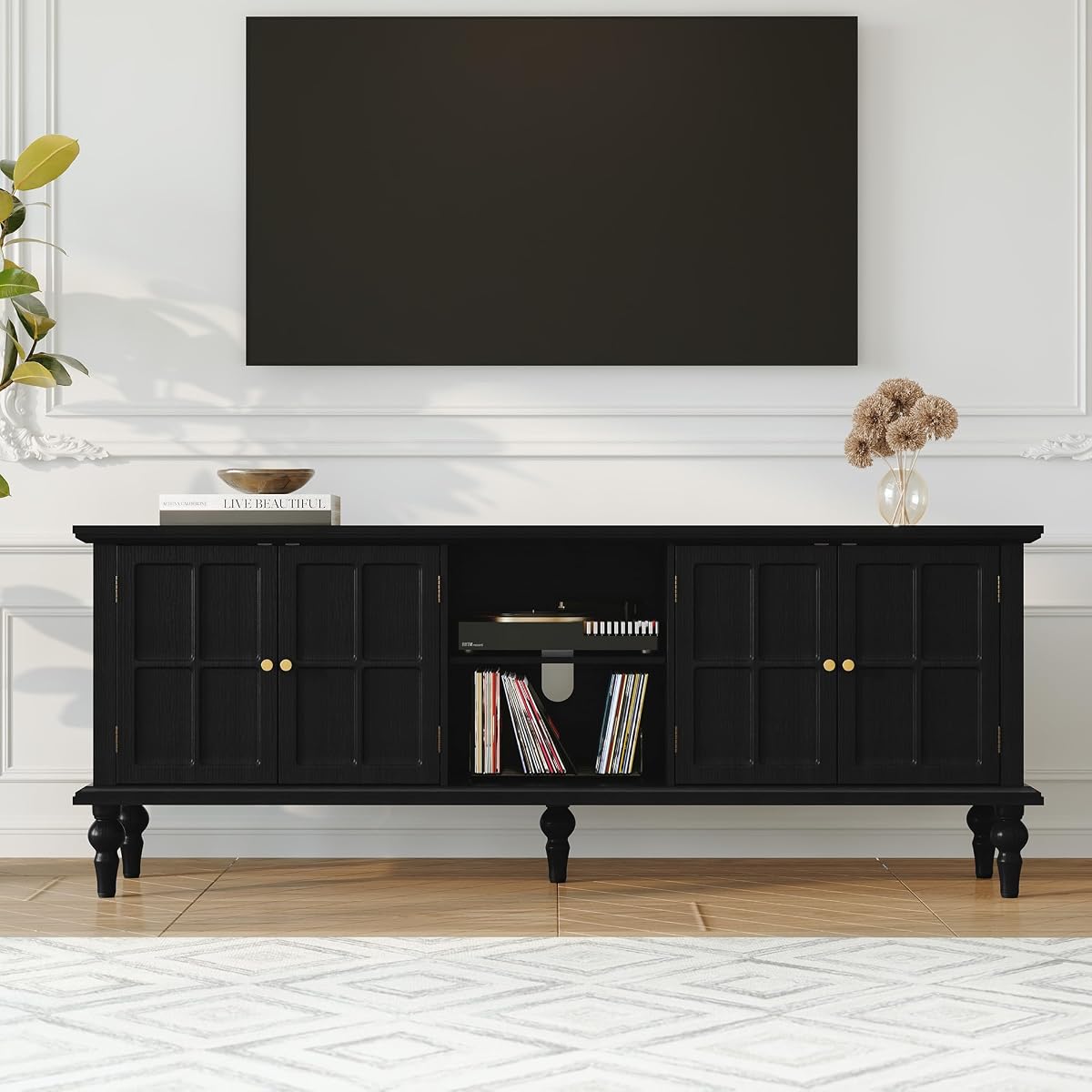 67" Mid Century Modern TV Stand with Window Design, Black
