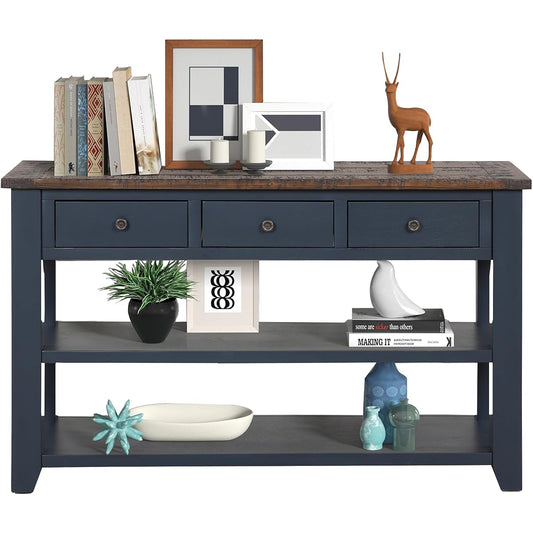 Solid Wood Console Table for Entryway;Sofa Table with Storage | 48.8 Inch Blue Real Wood Farmhouse Console Table with Drawers;Entry Way Table for Living Room,Foyer,Hallway;Easy Assembled