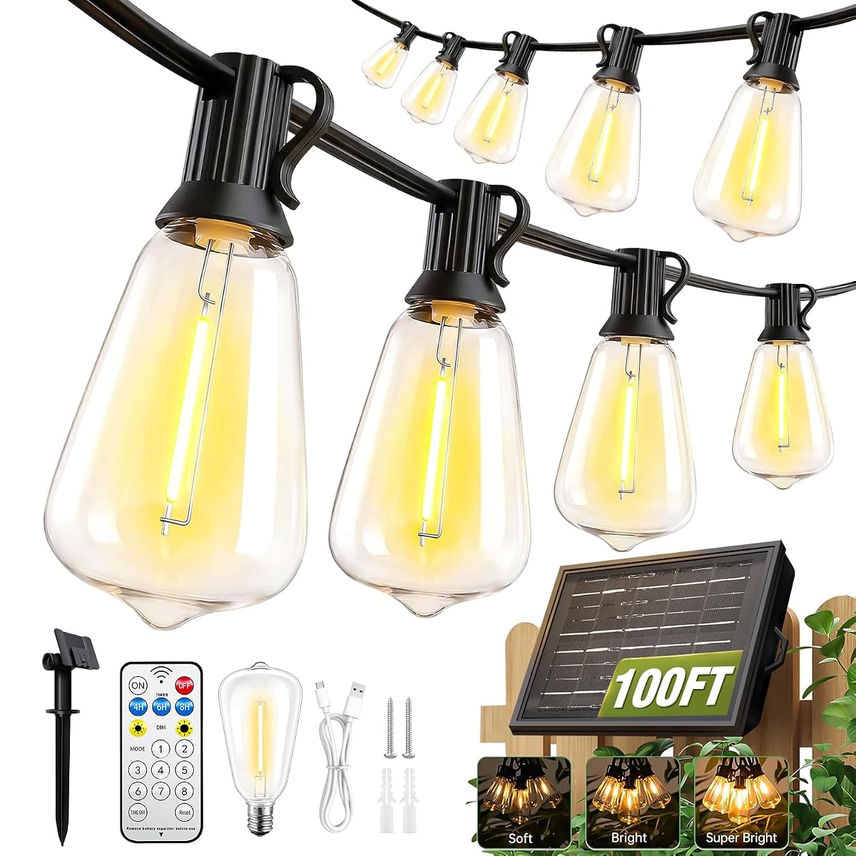 100FT Solar String Lights Outdoor Waterproof with Remote & Timer