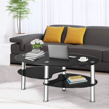 Glass Coffee Table, 3-Tier Modern Oval Smooth Glass Tea Table Center Table End Table with Open Storage Shelf,Sturdy Steel Legs for Living Room,Home,Office,Cocktail Tea Table (Black)