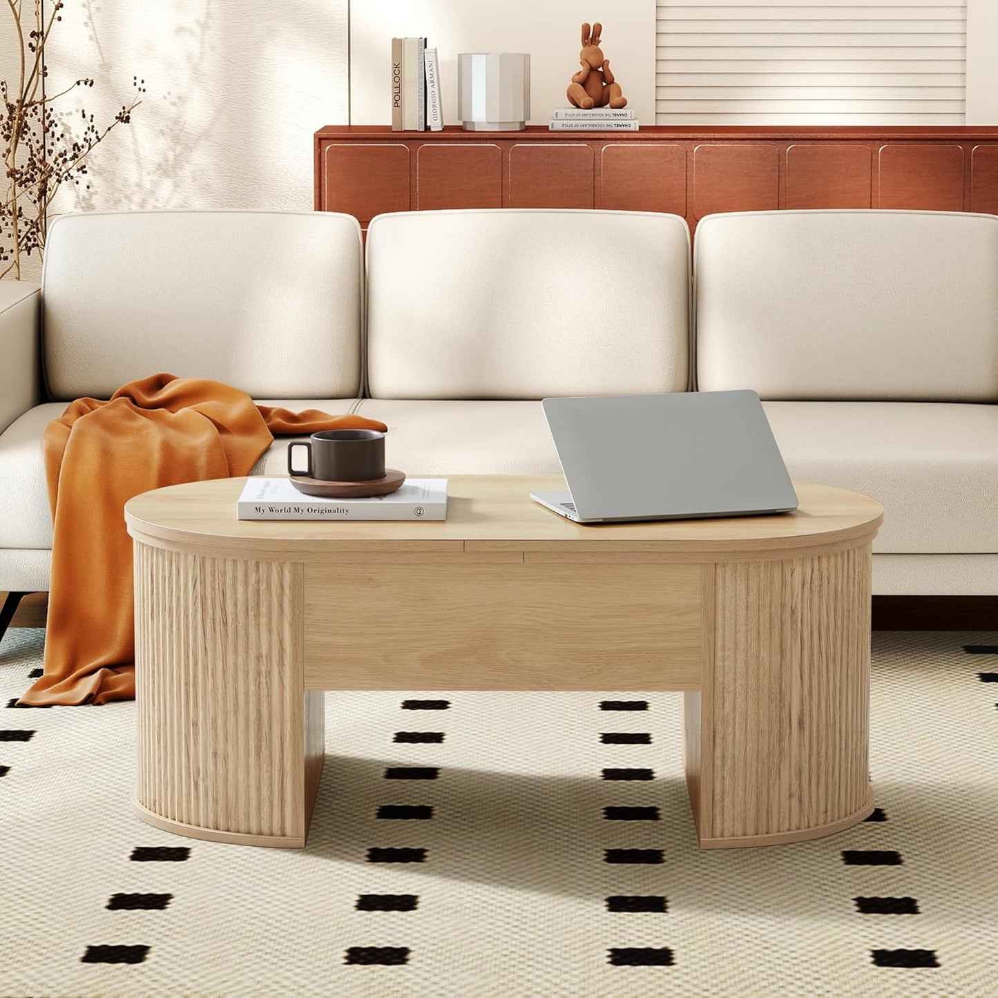 Lift Top Coffee Table, Fluted Coffee Table with Lifting Top, Wooden Lift up Dining Table with Hidden Compartment, Center Table for Living Room, Office - Oak