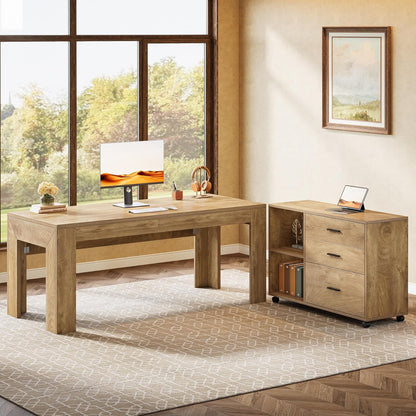 63" L Shaped Desk with Storage, Executive Office Desk with Rolling File Cabinet Combo, Large Computer Table with Drawers and Shelves, Business Furniture Set for Home Office, Brown