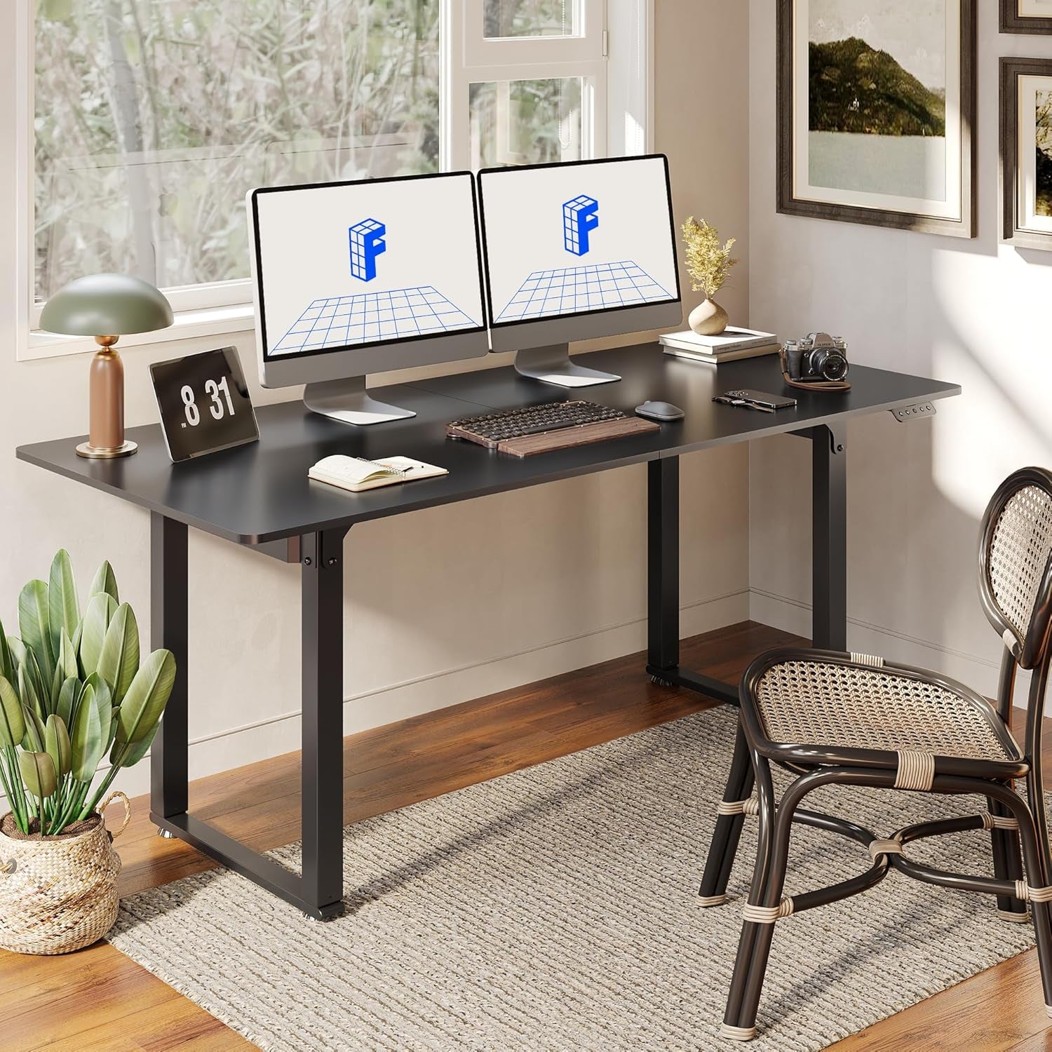 4 Leg Standing Desk 71 X 32 Inch Electric Adjustable Height Sit Stand Desk with Splice Board Home Office Desk, Black Top + Black Frame