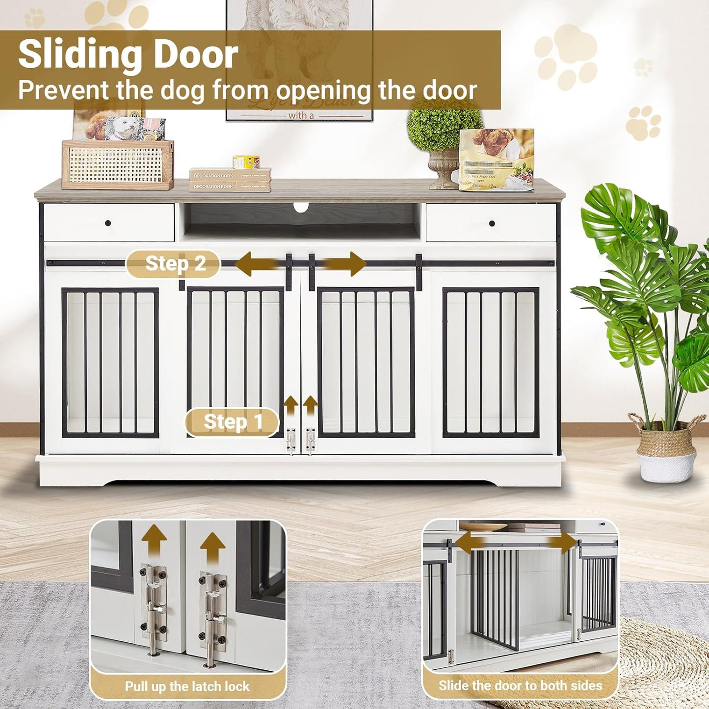 60.6" Double Dog Crate Furniture, Large Dog Kennel Furniture TV Stand for 2 Dogs, Furniture Style Dog Crates End Table, Wood Crates for Dogs Grey