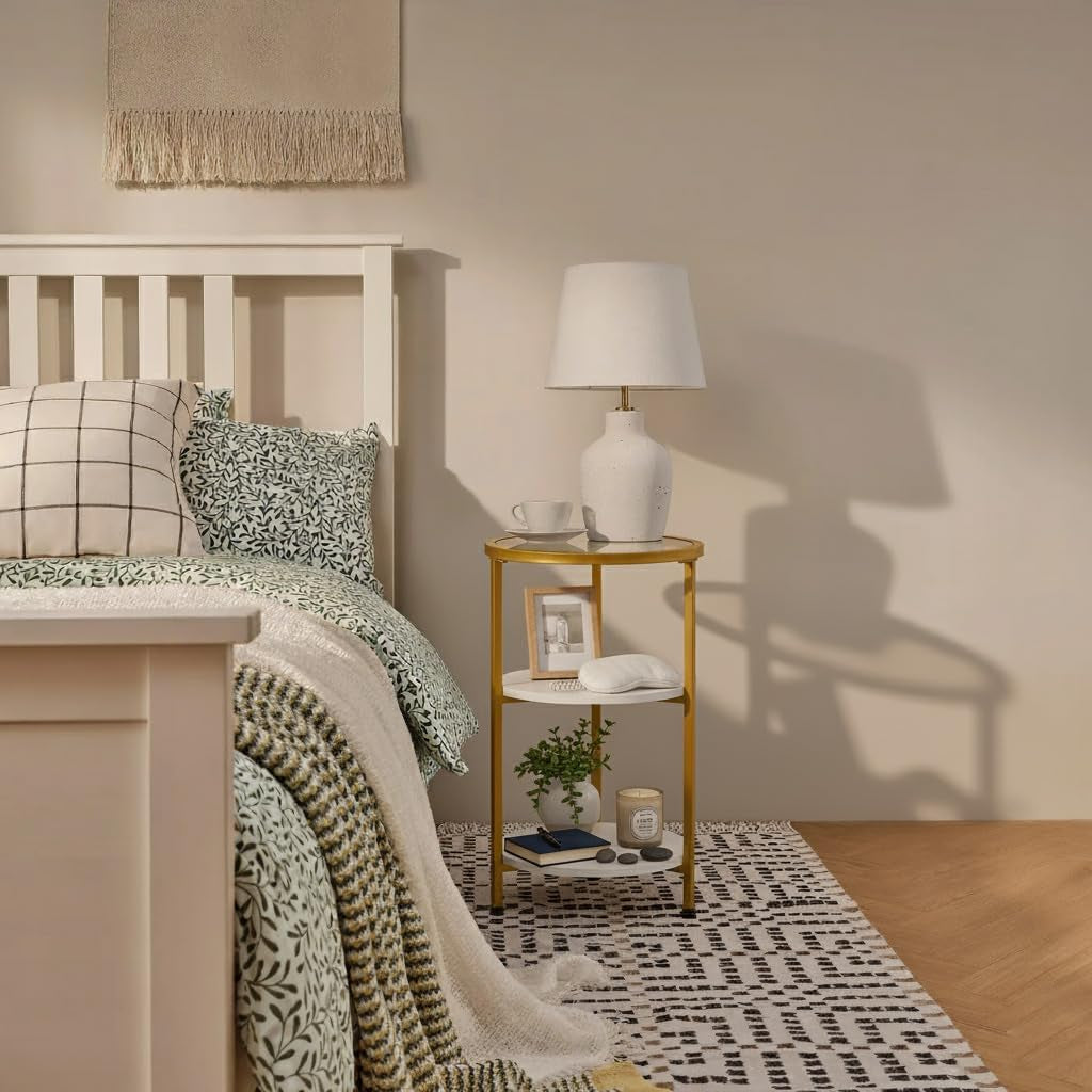 Glass Side Table, Tempered Glass Small round Side Table with 3-Tier Storage Shelves for Small Spaces, Modern Glass round End Table for Living Room, Bedside Nightstand for Bedroom (White+Gold)