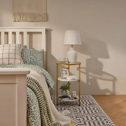 Glass Side Table, Tempered Glass Small round Side Table with 3-Tier Storage Shelves for Small Spaces, Modern Glass round End Table for Living Room, Bedside Table Nightstand for Bedroom (White)