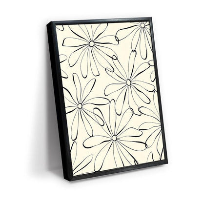 Black Line Daisy Flower Pattern Wall Art Canvas Print, minimal floral line art artwork in black and cream for bedroom, bedroom, office, apartment, modern farmhouse, and cozy(20x30Inch,Black Framed