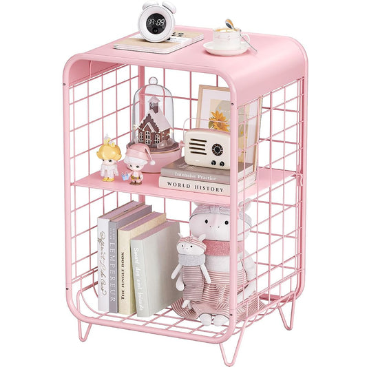 Cute Kids Pink Nightstand,Metal Side Table,3 Tier End Table with Storage,Vintage Bedside Table,Girls Bedroom Furniture for Living Room,Bedroom,Dorm