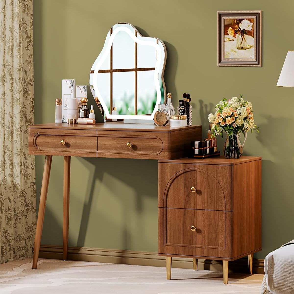Walnut Stylish Corner Makeup Vanity Table，Vanity Desk with Lighted Mirror and 4