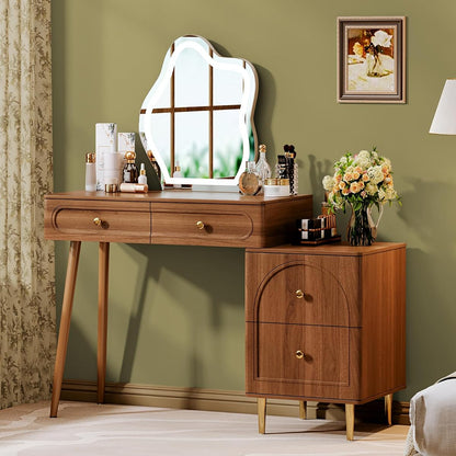 Walnut Stylish Corner Makeup Vanity Table，Vanity Desk with Lighted Mirror and 4