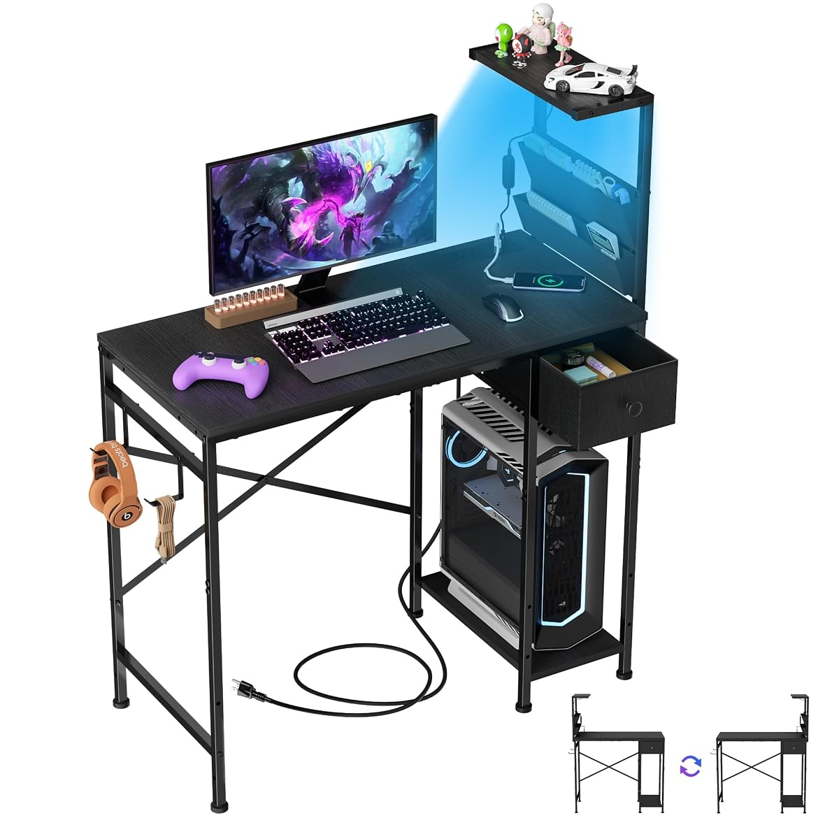 33.7 Inch Small Gaming Desk Table with LED Lights & Power Outlets
