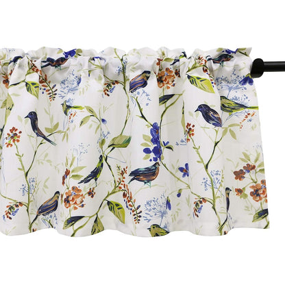 Blue Valance Curtains for Living Room, Linen Textured Bird and Flower Print Window Treatment Rod Pocket Window Valances for Bathroom, 52 x 14, One Piece