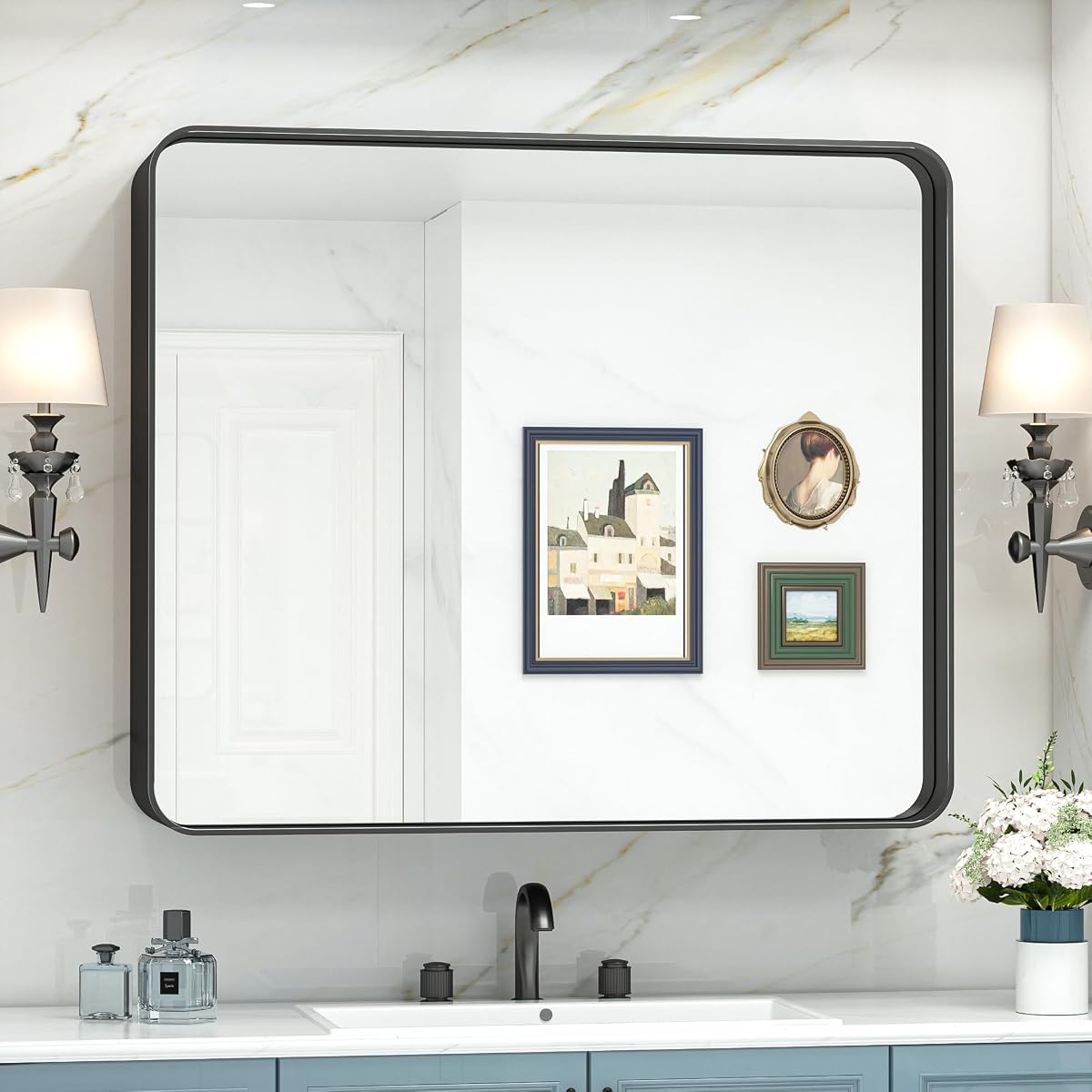 42x36 Black Bathroom Mirror for Wall Vanity Mirror with Brushed Metal Frame Non-Rusting Aluminum Alloy for Modern Farmhouse Bedroom Living Room Decor (Horizontal/Vertical)