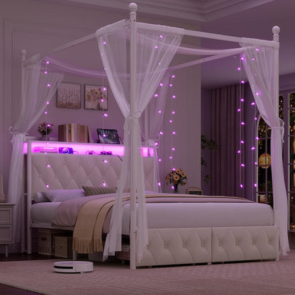 Full Size LED Canopy Bed Frame with Storage & Charging Station, Beige