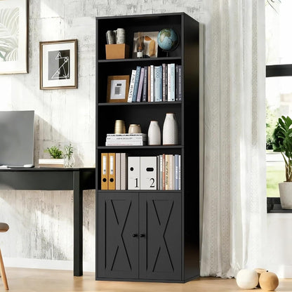 Farmhouse Bookcase with Doors & Storage, Tall 6-Tier Wood Bookshelf for Home Office Organization, Living Room Display, and Bedroom Storage Alternatives, 71-Inch Standing Shelf, Black