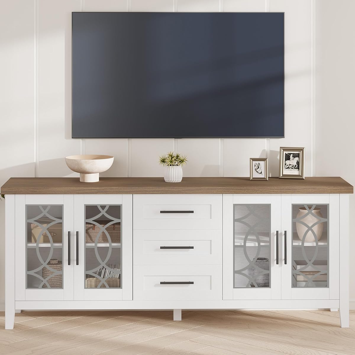 Farmhouse TV Stand with Glass Door for 70 Inch Tv
