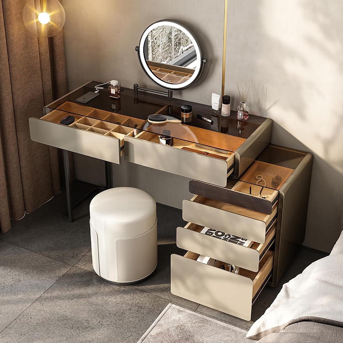 Modern Vanity Table with Drawers and LED Mirror, Ideal for Bedroom Makeup (Gray)