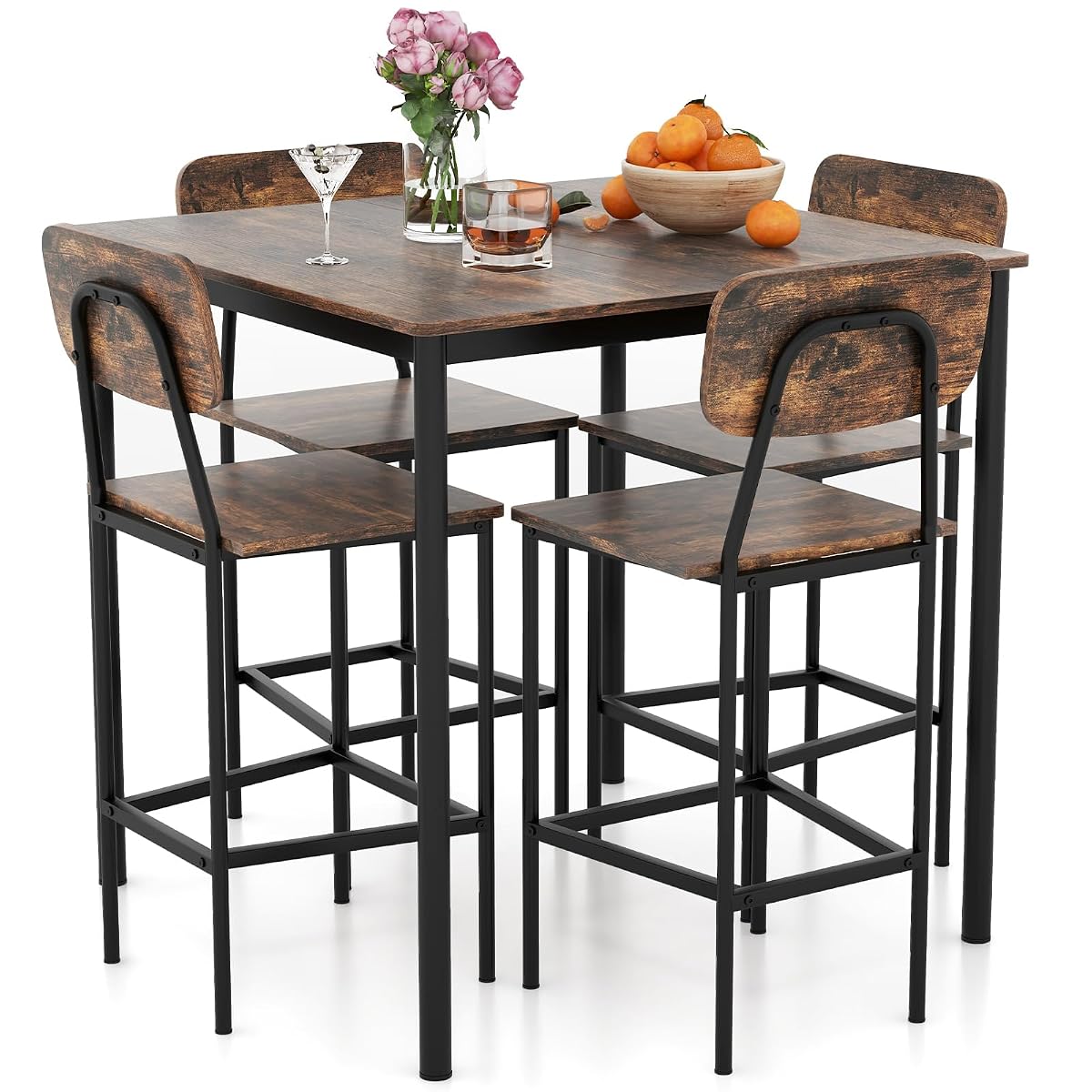 5-Piece Dining Table Set W/Counter Height Table & 4 Bar Stools