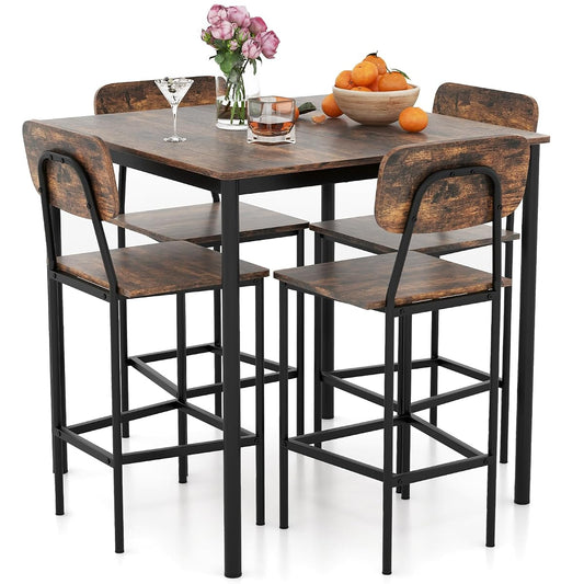 5-Piece Dining Table Set W/Counter Height Table & 4 Bar Stools