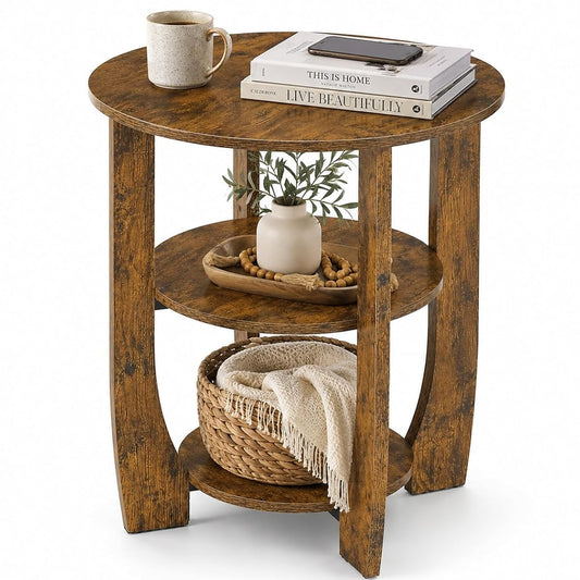 Round Side Table, 3-Tier End Table with Storage, 19.7 inch Rustic Brown Accent Table,Nightstand for Bedroom Living Room, Vintage Design for Couch, Sofa, Recliner, Small Space