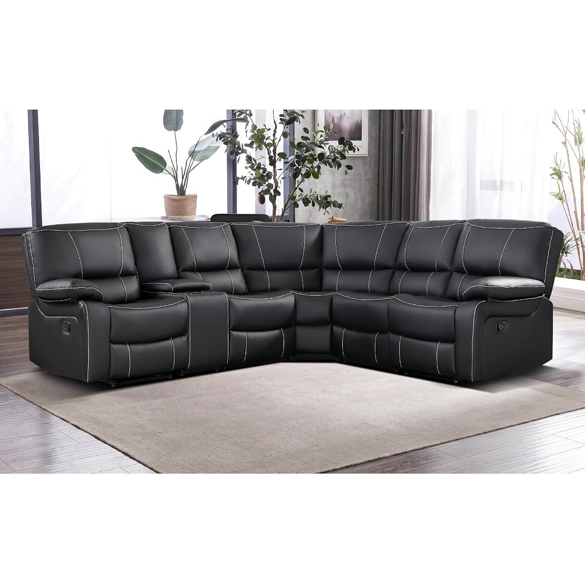 Manual Reclining Sectional Sofa Set for Living Room, Soft Fabric Recliner Corner Sectional Couch with Center Console, Cup Holders and Storage (Black, Sofa)