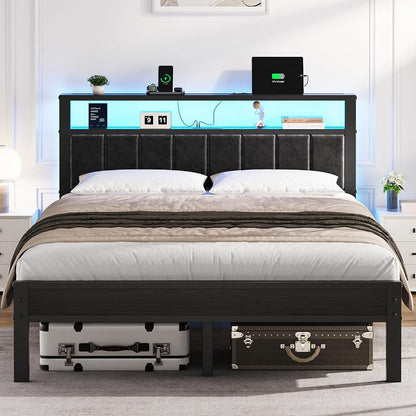 Queen Size Bed Frame with LED Lights & Charging Station