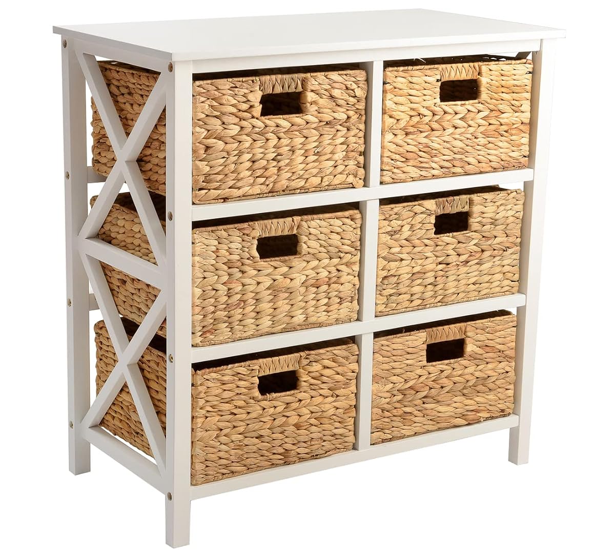 3 Tier X-Side End Storage Cabinet Table, White | 6 Wicker Baskets, For Bedroom, For Living Room