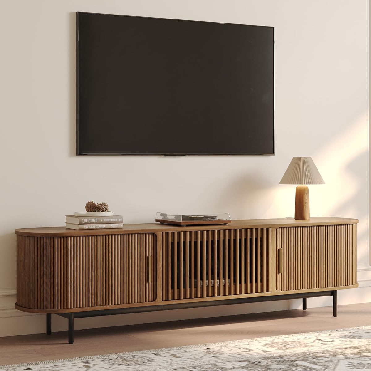78.74" Wood Fully-Assembled Sliding Tambour Door TV Stand, Walnut