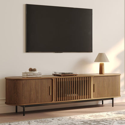 78.74" Wood Fully-Assembled Sliding Tambour Door TV Stand, Walnut