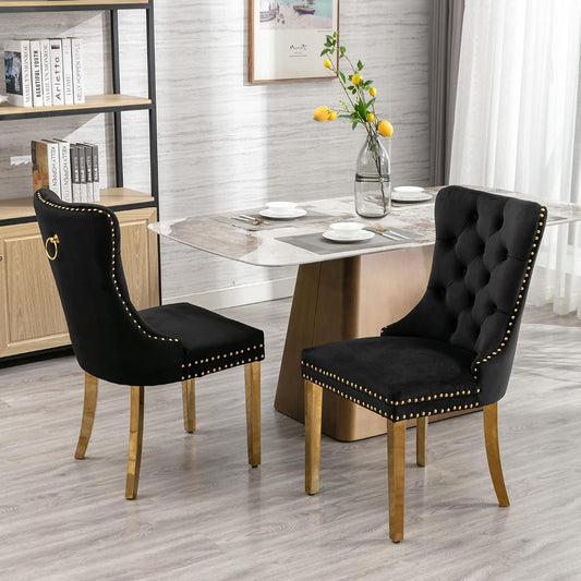 Solid Wood Velvet Upholstered Dining Chair with Golden Stainless Steel Plating Legs,Contemporary Design W/Nailhead Trim,Set of 2,for Living Room,Apartment,Black and Gold