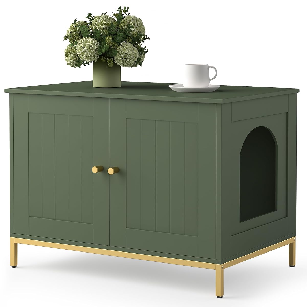 Cat Litter Box Enclosure, Cat Washroom Furniture with Metal Frame, Pet House, Fit Most of Litter Box, Modern Style, Green and Gold
