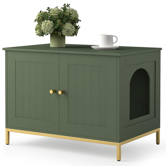 Cat Litter Box Enclosure, Cat Washroom Furniture with Metal Frame, Pet House, Fit Most of Litter Box, Modern Style, Green and Gold