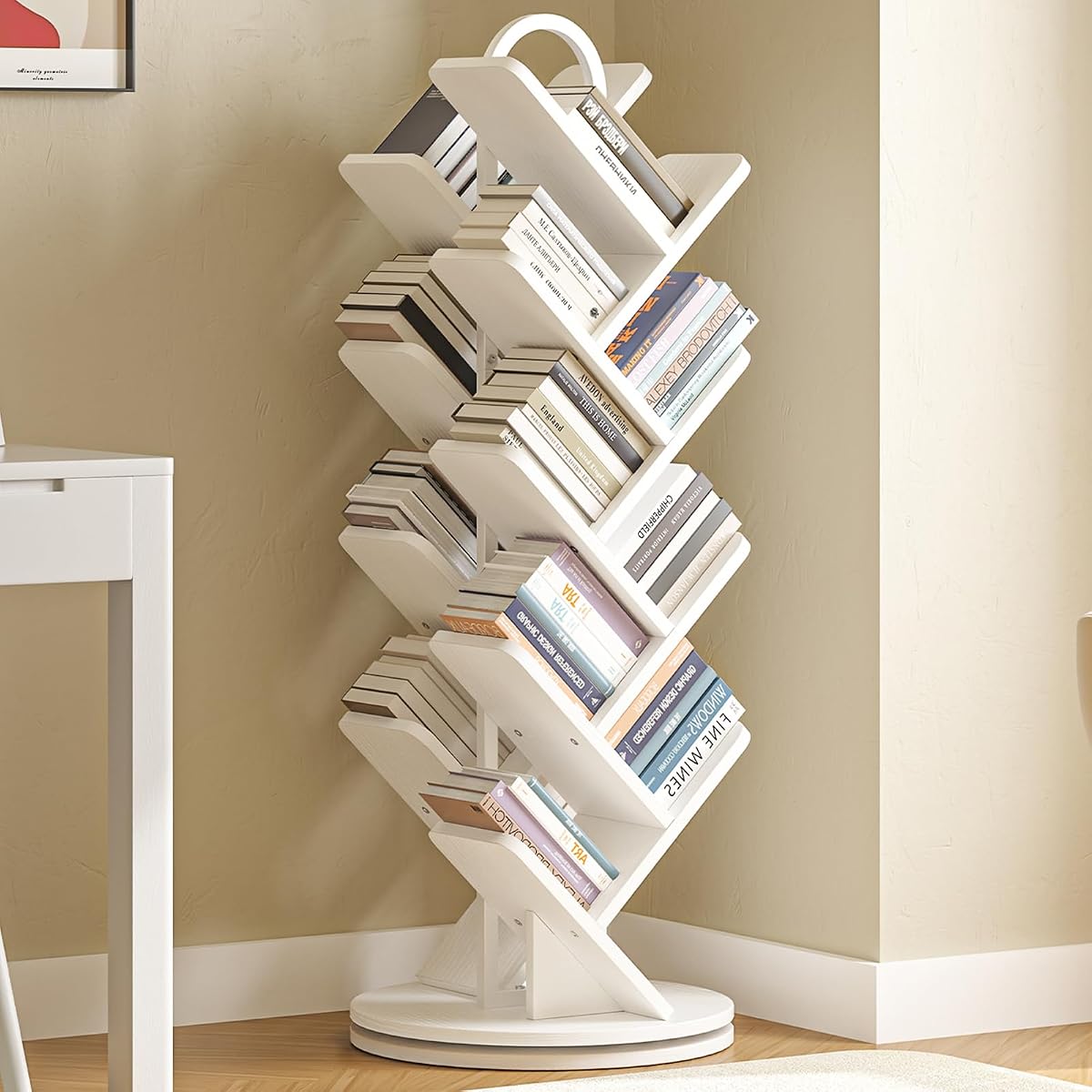 16-Tier Tree Rotating Bookshelf, 360 Degree Spinning Standing Bookcase for Magazines DVDs Books, Corner Bookcase for Living Room Bedroom Study, White