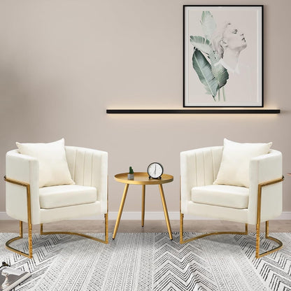 Velvet Accent Chairs Set of 2, Mid Century Modern Upholstered Barrel Armchair with Pillow for Living Room, Comfy Single Club Chair with Metal Gold Legs for Bedroom, White