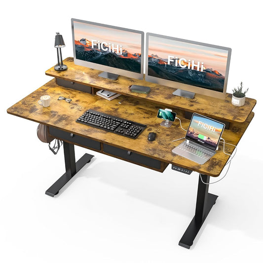 Adjustable Height Standing Desk with 4 Drawers,63 x 30 inches Electric Sit Stand Home Office Desk with Two Tiers, 3 Memory Presets, Monitor Stand Riser, USB A/C Charging Port
