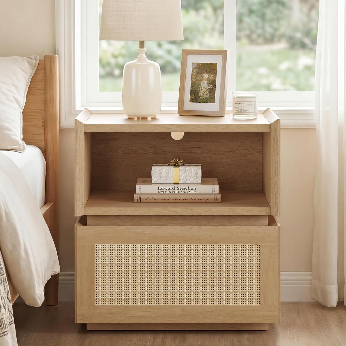 Rattan Nightstand with Wicker Decorated Drawer, Natural Rattan Night Stand with Open Compartment, Modular Stackable Side Table, Boho Bedside Table, End Side Table for Bedroom