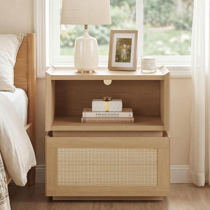 Rattan Nightstand with Wicker Decorated Drawer, Natural Rattan Night Stand with Open Compartment, Modular Stackable Side Table, Boho Bedside Table, End Side Table for Bedroom