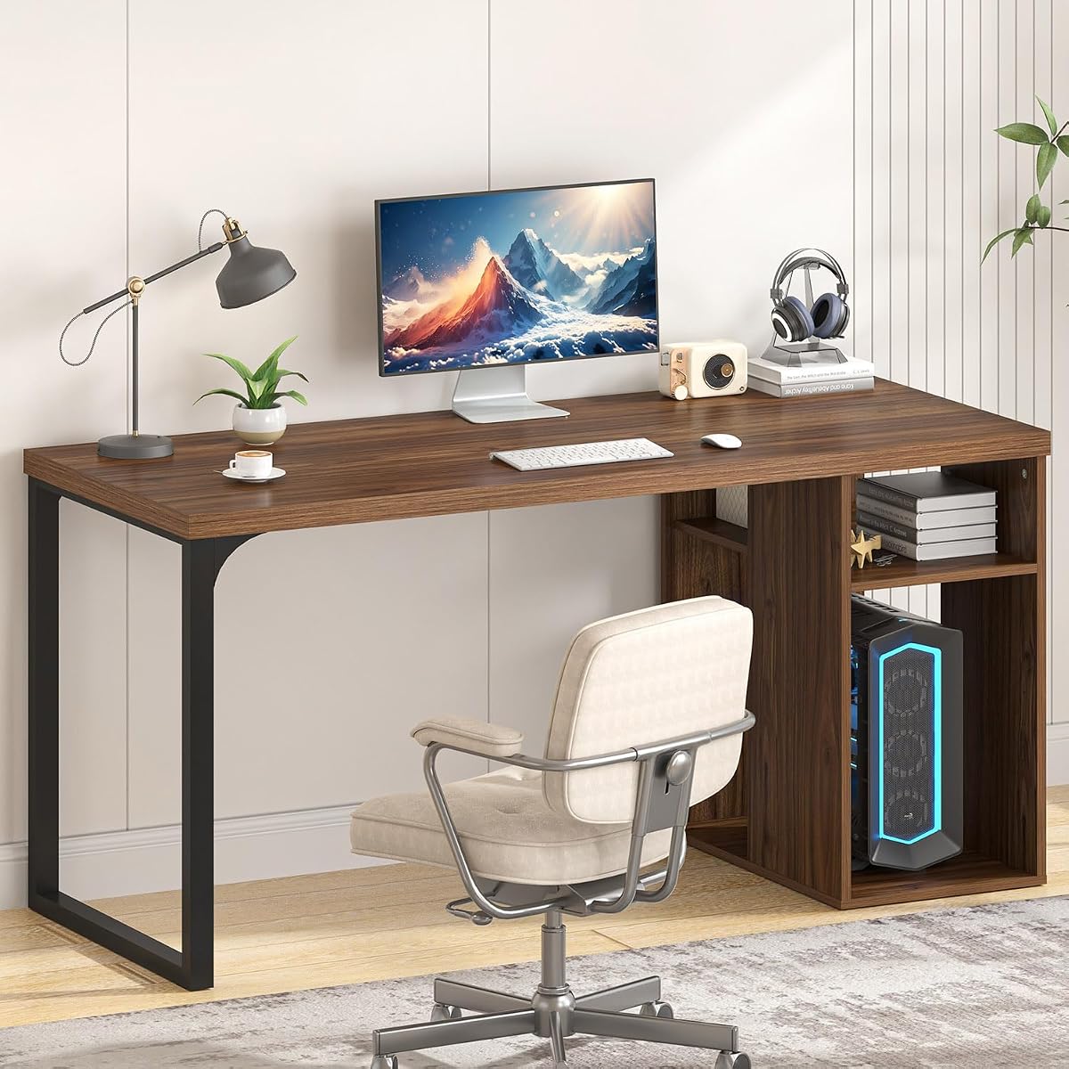 Home Office Desk with Storage, Modern Computer Desk with Reversible Shelves