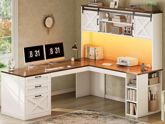 67" Farmhouse L Shaped Desk with Hutch, White+Brown