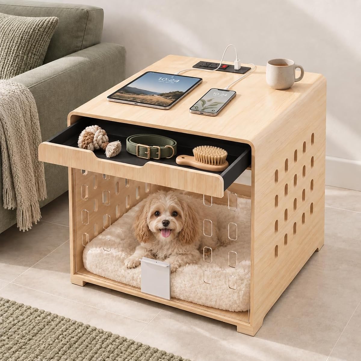 Modern Dog Kennel Furniture Wooden Crate with Charging Station End Table
