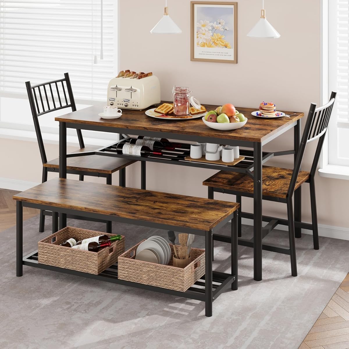 Dining Table Set for 4, Kitchen Table and Chairs for 4 with Wine Rack, Rectangular Dining Room Table Set with Bench, 4 Piece Dining Table Set for Small Space, Apartment, Retro Brown